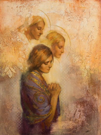 Two angels comforting a woman who is praying. 