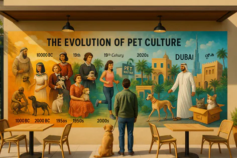 Mural showing the evolution of pet culture across different eras. Features people with dogs and cats from ancient times to modern Dubai.