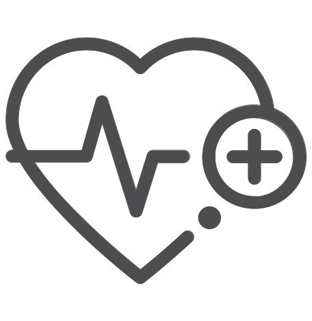 A simple line drawing of a heart with a heartbeat line inside and a plus sign in a circle overlapping the heart, symbolizing health or medical care.
