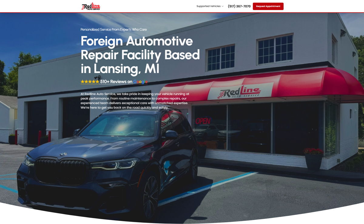 Screenshot of Redline Auto Service, from the auto repair websites collection.