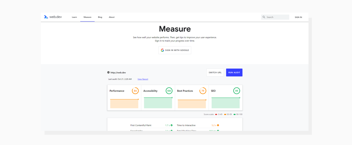 Lighthouse report displayed online on web.dev web.dev/measure interface screenshot