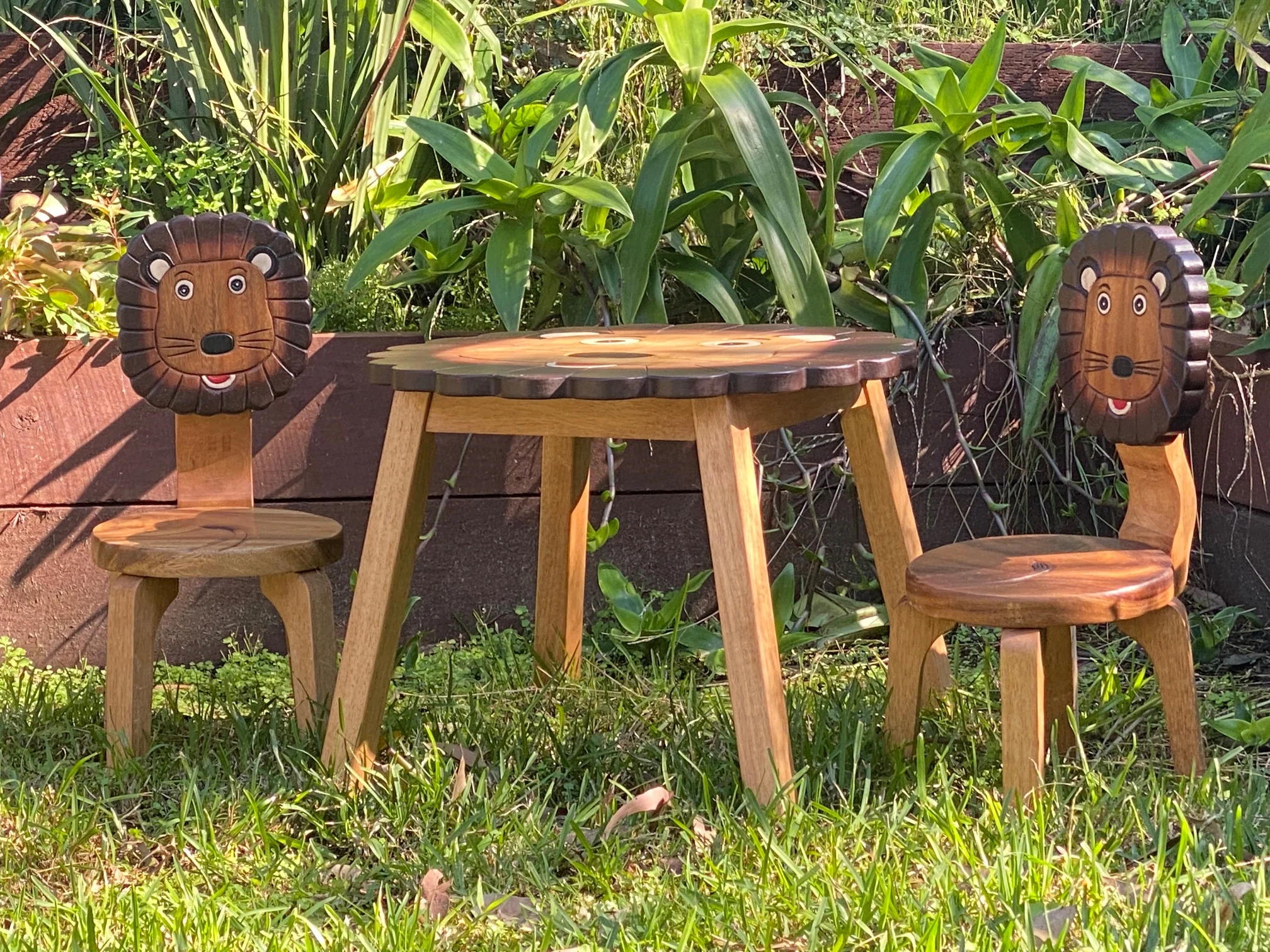 Kids Wooden Table + 2 Chairs Set Lion Design Carved Timber Children Furniture - Image 5