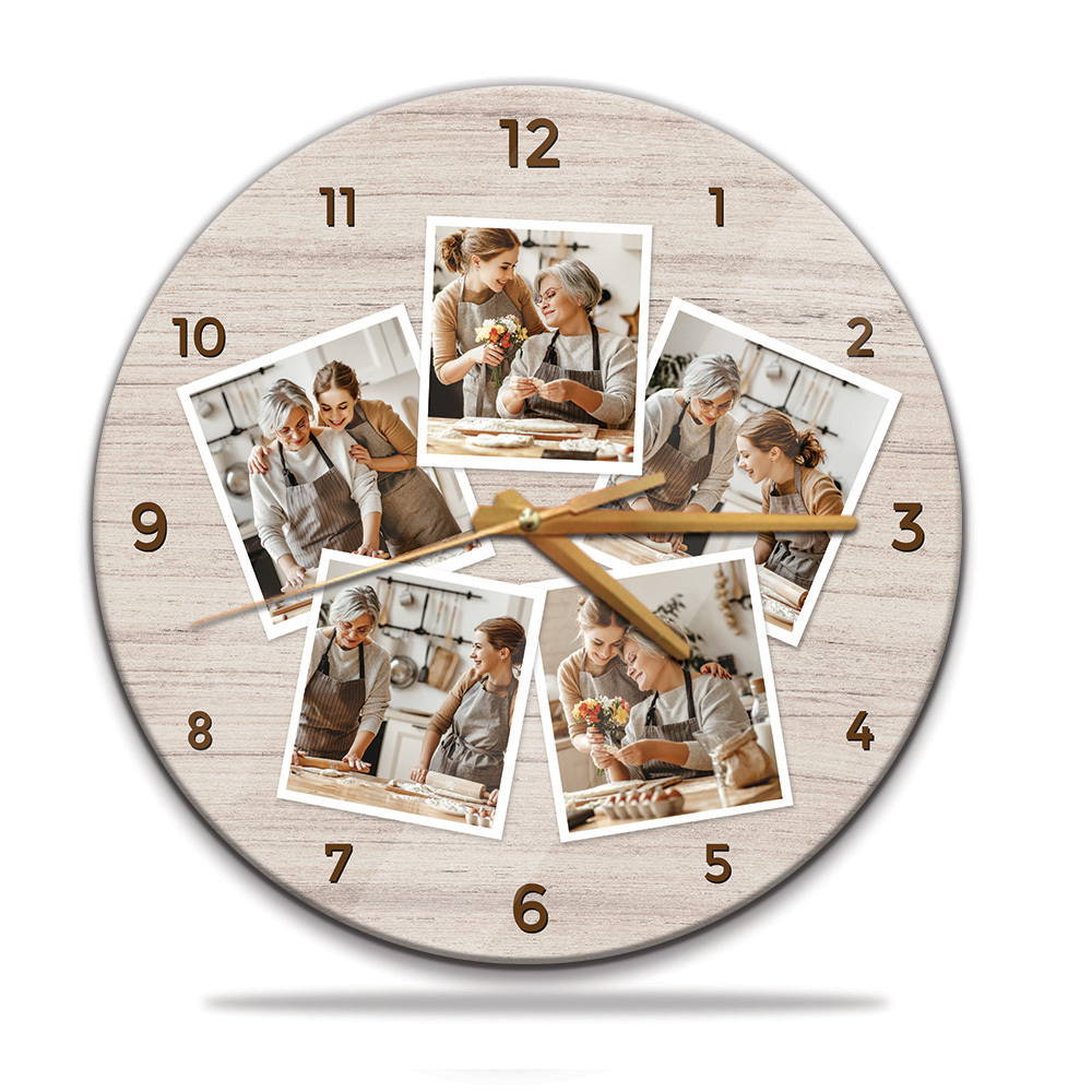 a circle wall clock print 5 photo on a wood color background and dark brown numbers is the most perfect anniversary gift for mom