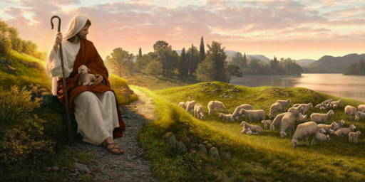 Jesus sitting on a grassy hill watching a flock of sheep.