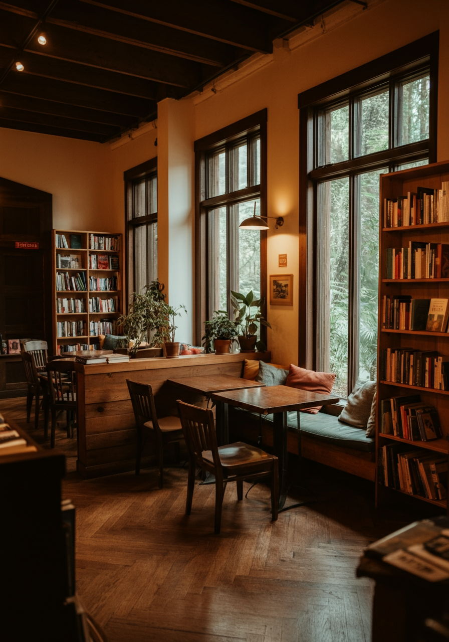 A photographic style image of A cozy bookstore café interior with floor-to-ceiling wooden shelves, comfortable reading nooks, and warm lighting. Large windows frame views of the redwood forest. high focus, sharp, lots of bright light, extra bright, highly detailed, high quality, dslr, film grain, fujifilm XT3, RAW photo, RAW candid cinema, color graded porta 400, depth of field, hyper realistic, natural-looking, expressive, textured skin, texture, 8k, photorealistic