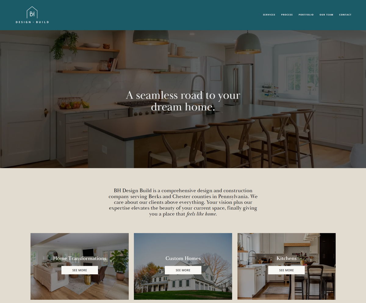 Screenshot of BH Design Build, from the home builder websites collection.