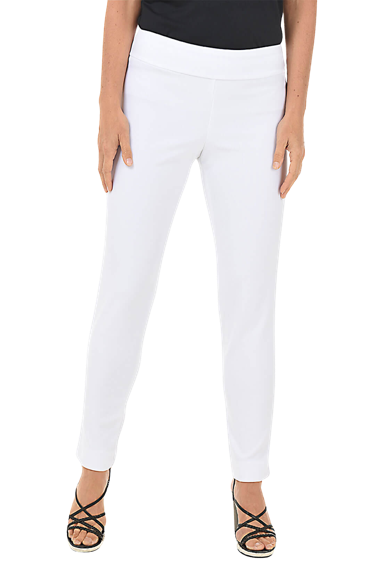 A woman wears a pair of white microfiber ankle pants.