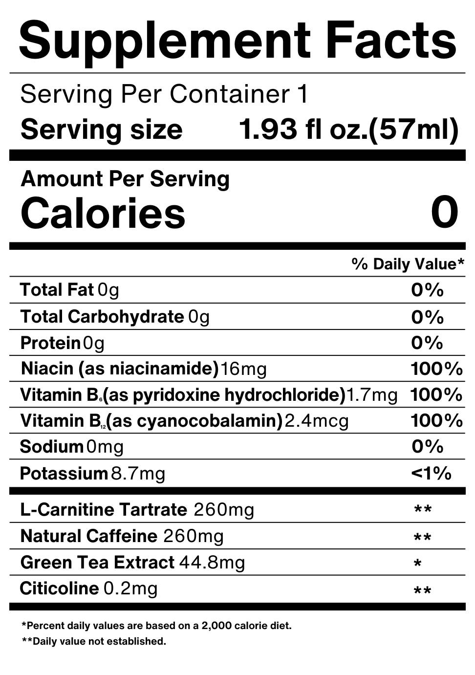 Supplement Facts label for a 1.93 fl oz serving with zero calories and various vitamins and ingredients.