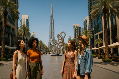 Four women stand on a sunny street in Dubai, gazing up at the iconic Burj Khalifa skyscraper and a large silver sculpture. Palm trees are visible.