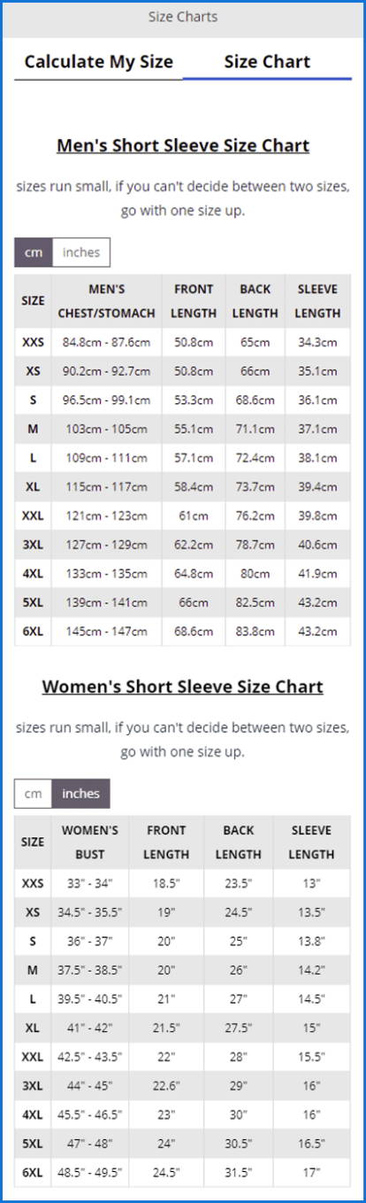 chart size details cycling apparels