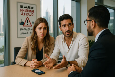 Couple appears concerned discussing financial fraud with an advisor in an office near a sign warning "Beware of Phishing & Fraud".