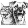 Gesunde Katze und Hund zeigen Zähne. Bleistiftzeichnung by VierBeinerGlück