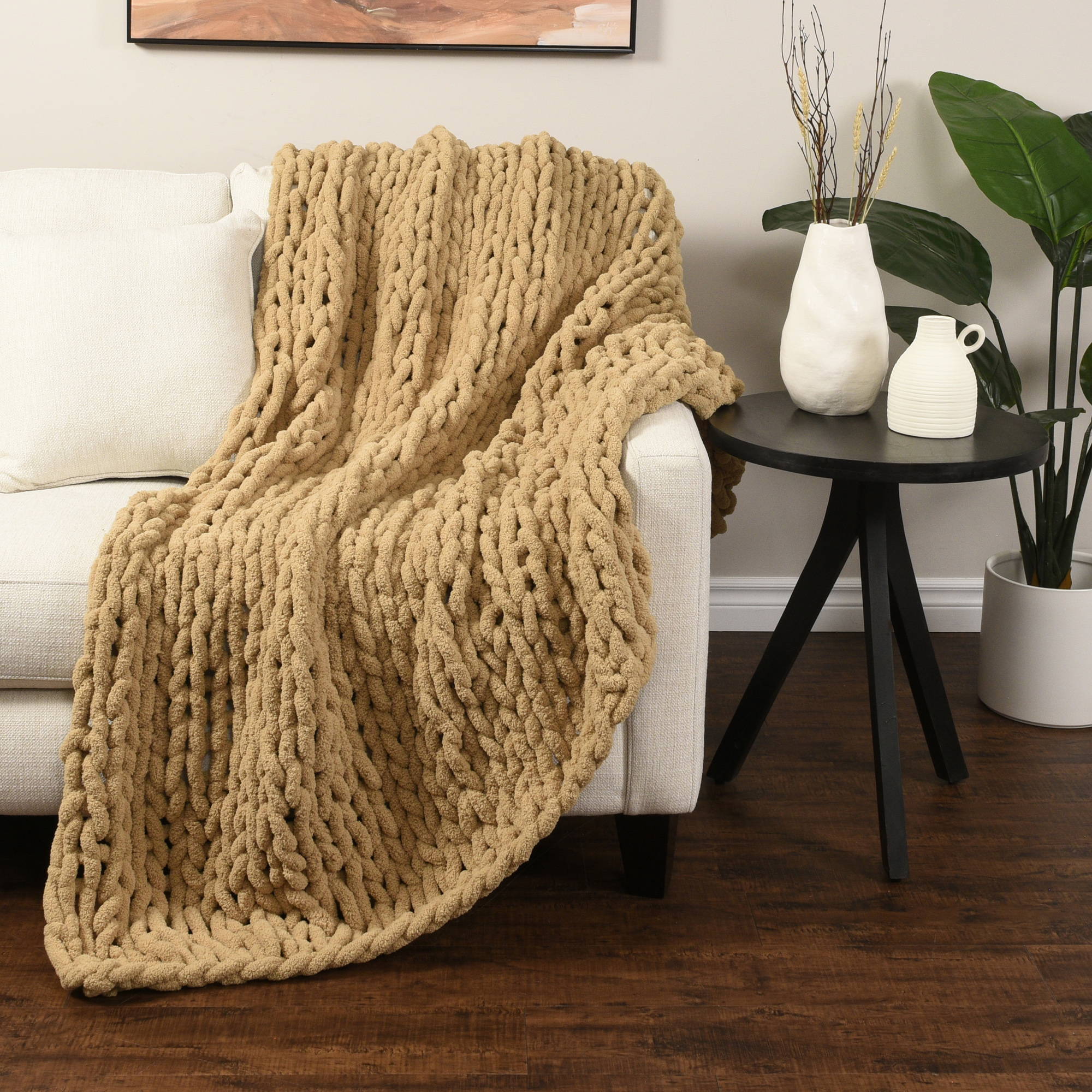 Chunky knit throw on couch