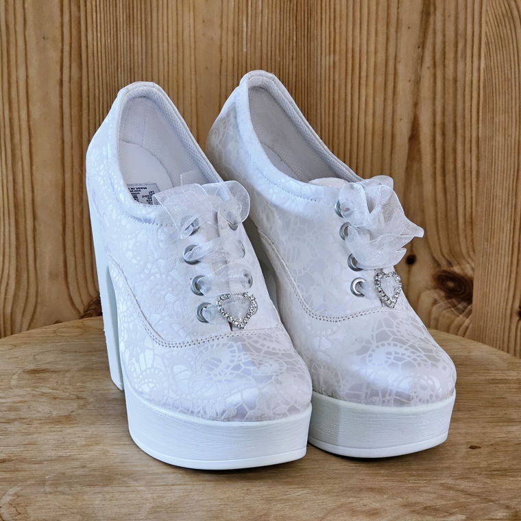 Platform Bridal Shoes White Lace Pattern