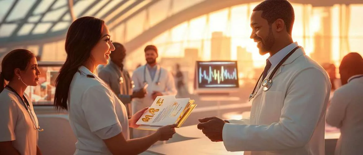 Healthcare recruiter and nurse shaking hands at a vibrant job fair.