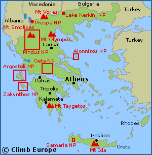 Map of the main mountains and National Parks in Greece