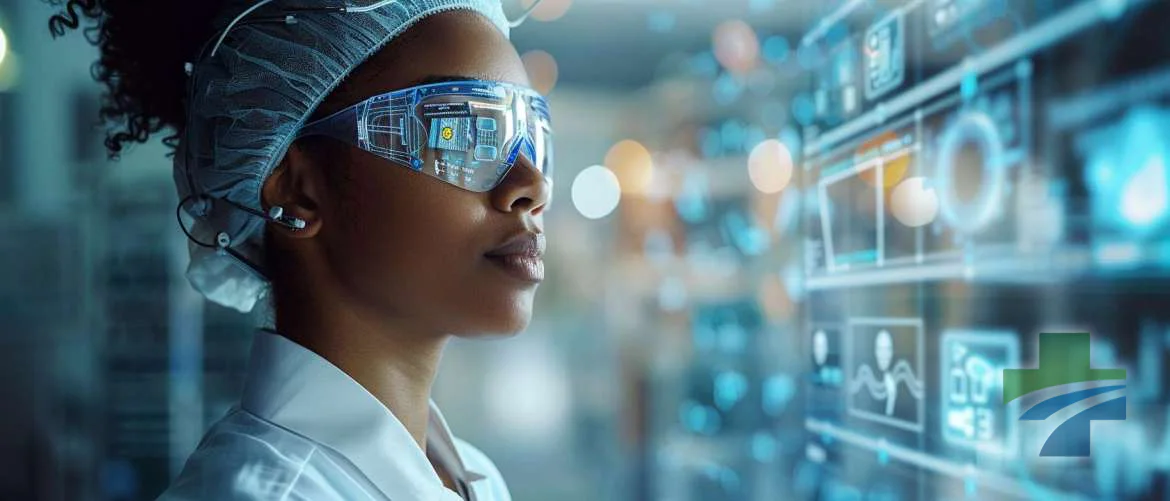 Travel nurse using an AI hologram to improve patient care in a hospital.