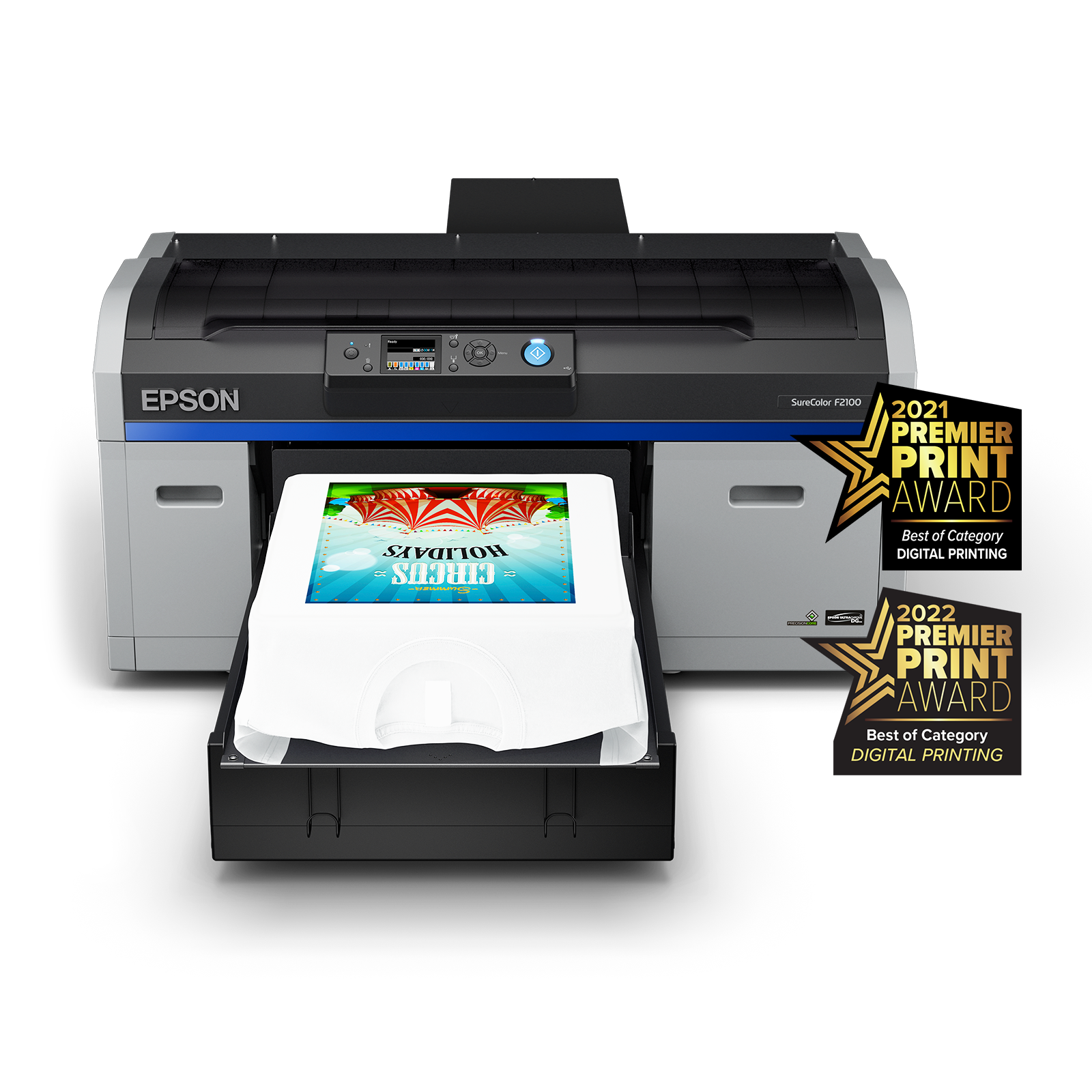 Epson SureColor F2100 Direct to Garment Printer Front View with a Printed on the White T-Shirt
