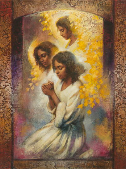 Angels comforting a young woman on her knees in prayer.