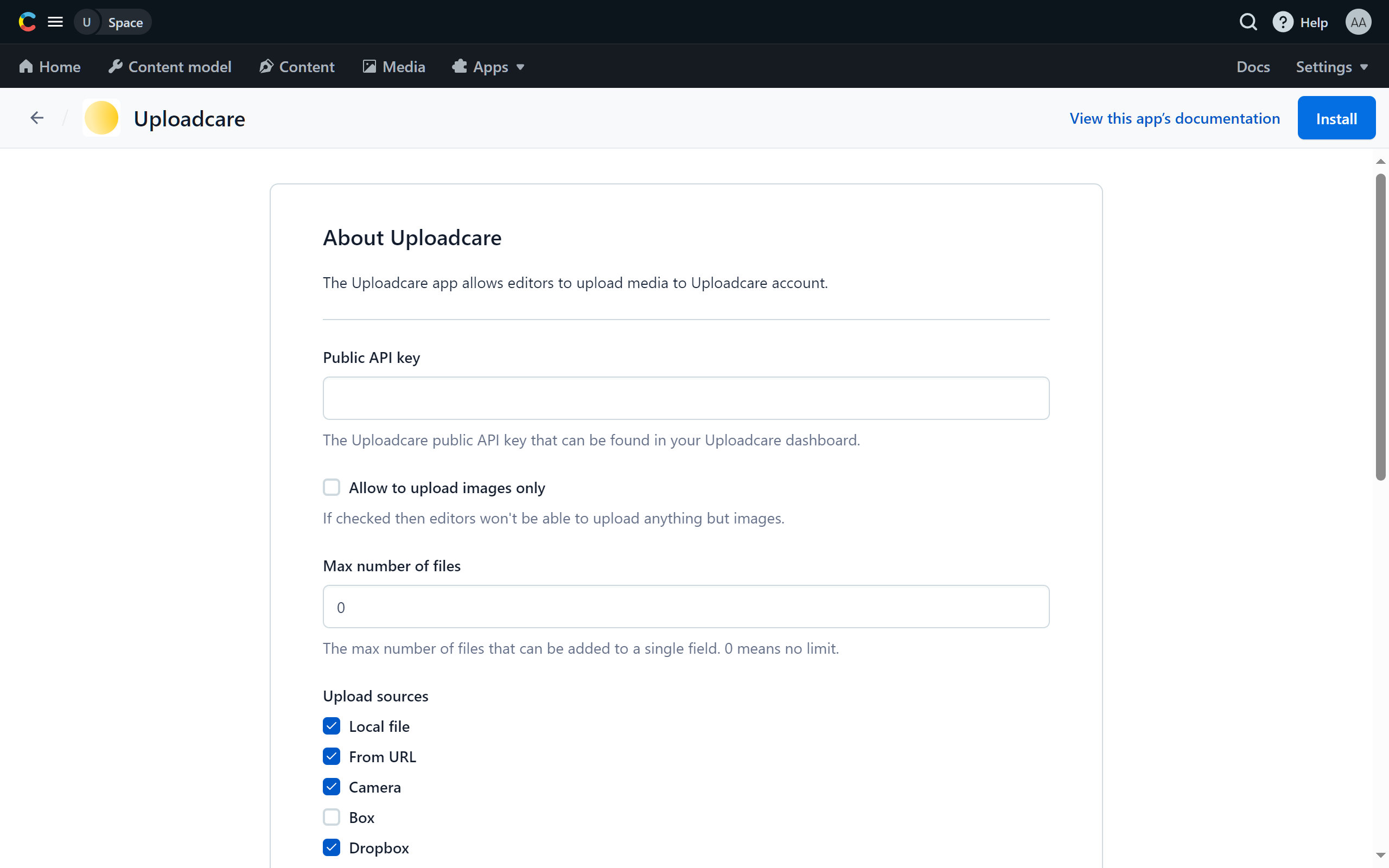 Contentful's installation screen for Uploadcare app