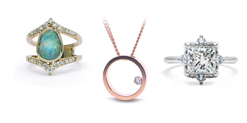 3 jewels side by side: An Australian opal set on a princess ring with about twenty small diamonds anchored on the body of the ring in yellow gold. A round pendant in yellow gold with a small diamond inside. A high jewellery ring in white gold with a princess diamond in the center and four small diamonds around.