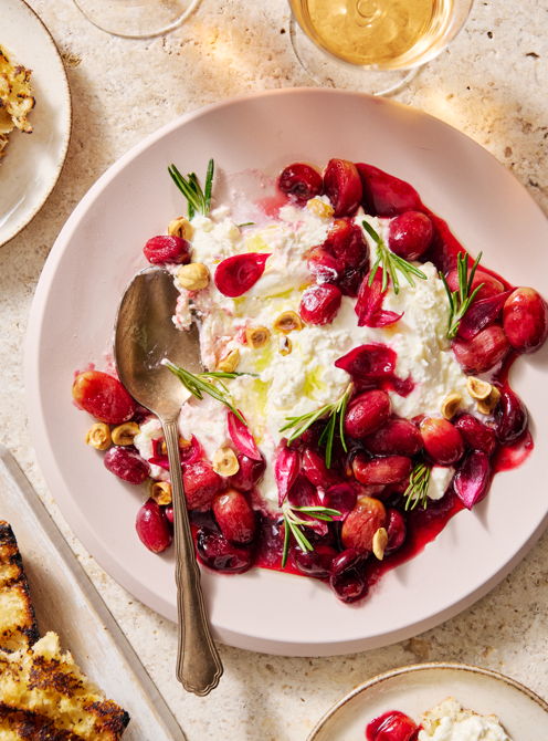 Burrata with Roasted Grapes, Honey and Rosemary