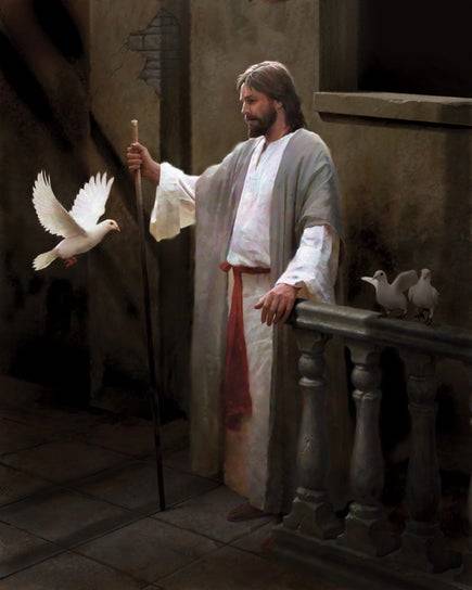 Jesus standing next to a stone railing where two doves are standing. A thrid dove flies toward Him. 