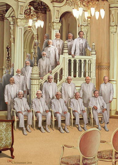 Painting of all of the modner-day prophets wearing white in the temple.