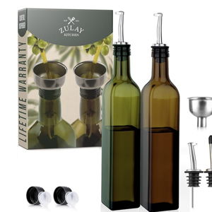 (2 pack) Zulay 17oz Olive Oil Dispenser Bottle For Kitchen - Glass Olive Oil Bottles With 2 Spouts, 2 Removable Corks, 2 Caps, & 1 Funnel - Oil Bottle For Kitchen & Storing Liquids