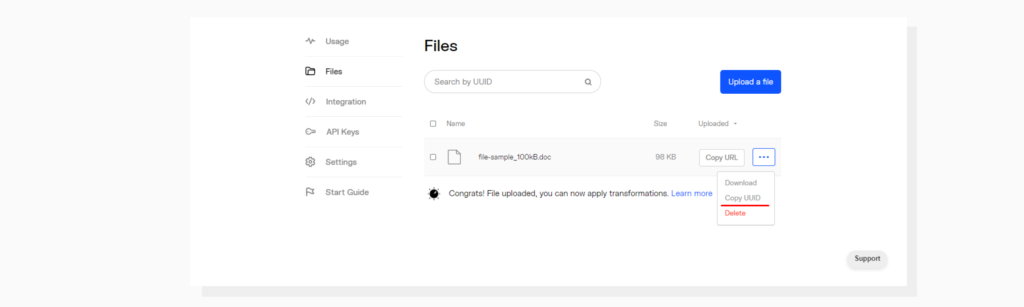 Dropdown menu where UUID can be copied from. A screenshot demonstrating file UUID