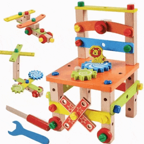 Wooden Montessori toy for children with tools and parts to build a chair. 