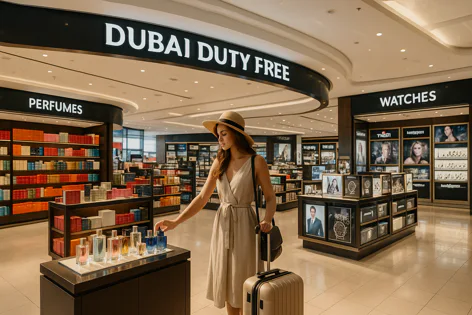 Woman in sun hat examining perfume bottles on display in a brightly lit Dubai Duty Free store, with shelves of products and watches visible in the background.