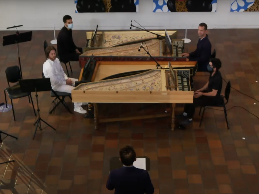 Harpsichords with musicians and composer