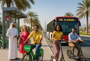 Diverse group smiling on bike and electric scooters near a bus stop with palm trees and Dubai skyline including Burj Khalifa and a bus.