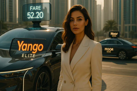 An elegant woman wearing a cream blazer stands by a black Yango Elite vehicle showing a fare of 52.20, with city buildings in the background.