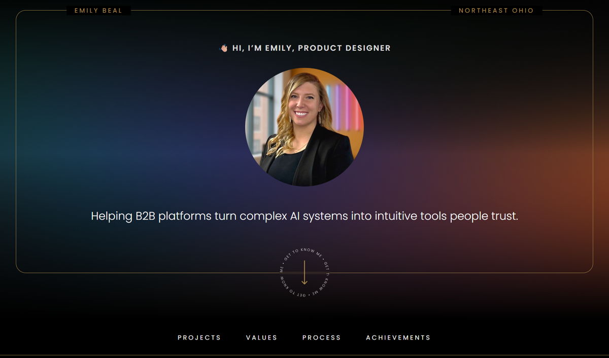 Screenshot of Emily Beal, from the product manager portfolios collection.