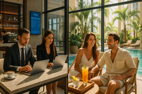 A split image showing contrasting scenes. A business couple works on laptops in a modern lounge, and a couple relaxes by a sunlit pool.