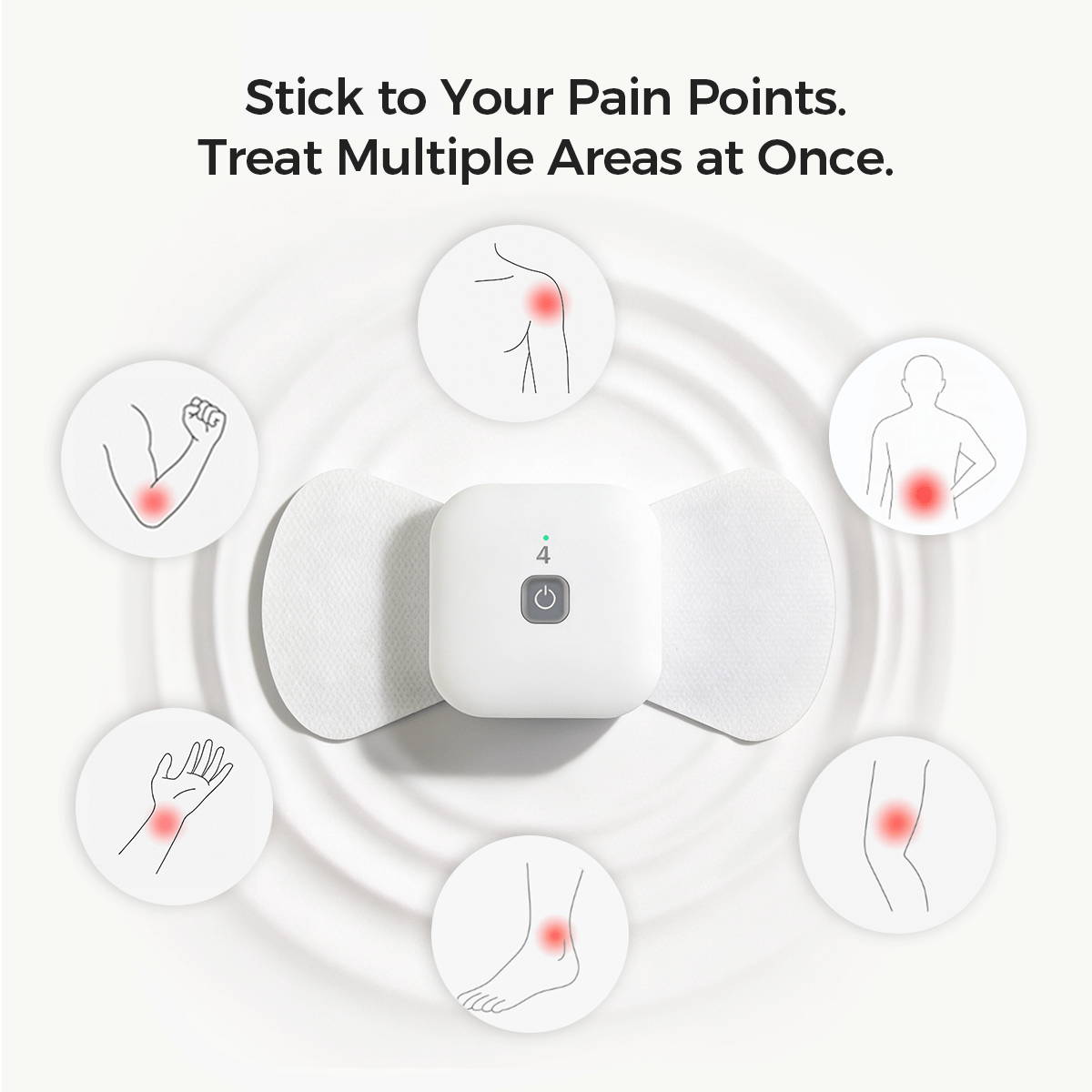 Wireless Wellue TENS therapy pod surrounded by icons highlighting multiple pain areas such as shoulder, back, knee, wrist, elbow, and ankle
