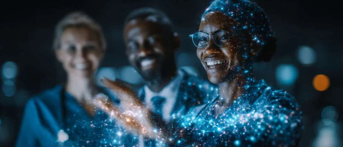 Healthcare team using holographic technology to manage adaptive staffing solutions
