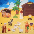 Montessori Nativity Wallboard featuring a large colorful felt board, and multiple figurine cutouts.