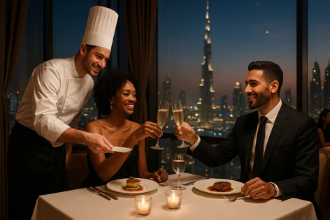 Couple enjoying champagne toast at a luxury restaurant dinner, served by a chef, with Dubai skyline view.