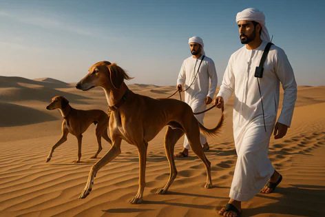 Two men in traditional white attire and headscarves walk their two Saluki dogs across the vast, sun-kissed sand dunes of a desert landscape.