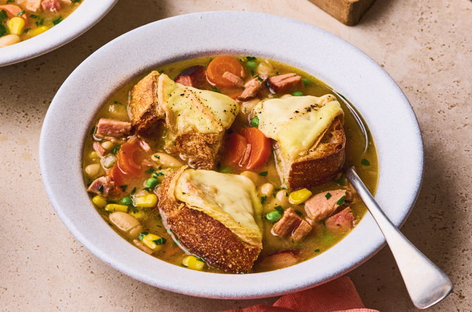 Vegetable and Ham Soup with Raclette Croutons