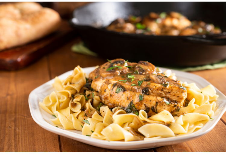 Photo of Chicken Marsala with Fresh Pasta, and Buttery Spinach 
