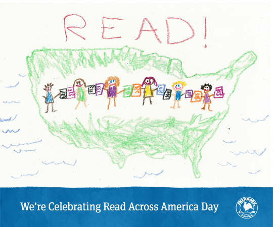 A poster for 'Read across America day' with a child's drawing depicting children holding hands across the American map