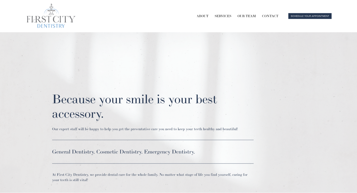 Screenshot of First City Dentistry, from the dentist websites collection.