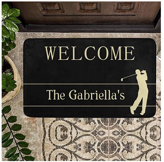 black rectangular Rubber doormat print family name, phrase "Welcome", and a men playing golf image