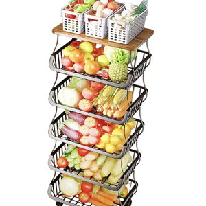 MURRI&MURRDI Fruit Vegetable Storage Basket with Wooden Lid, 6 Tier Stackable Wire Storage Baskets with Wheels Produce Basket Organizer for Kitchen Rack Storage Cart for Pantry (6 Black 6 Layer)