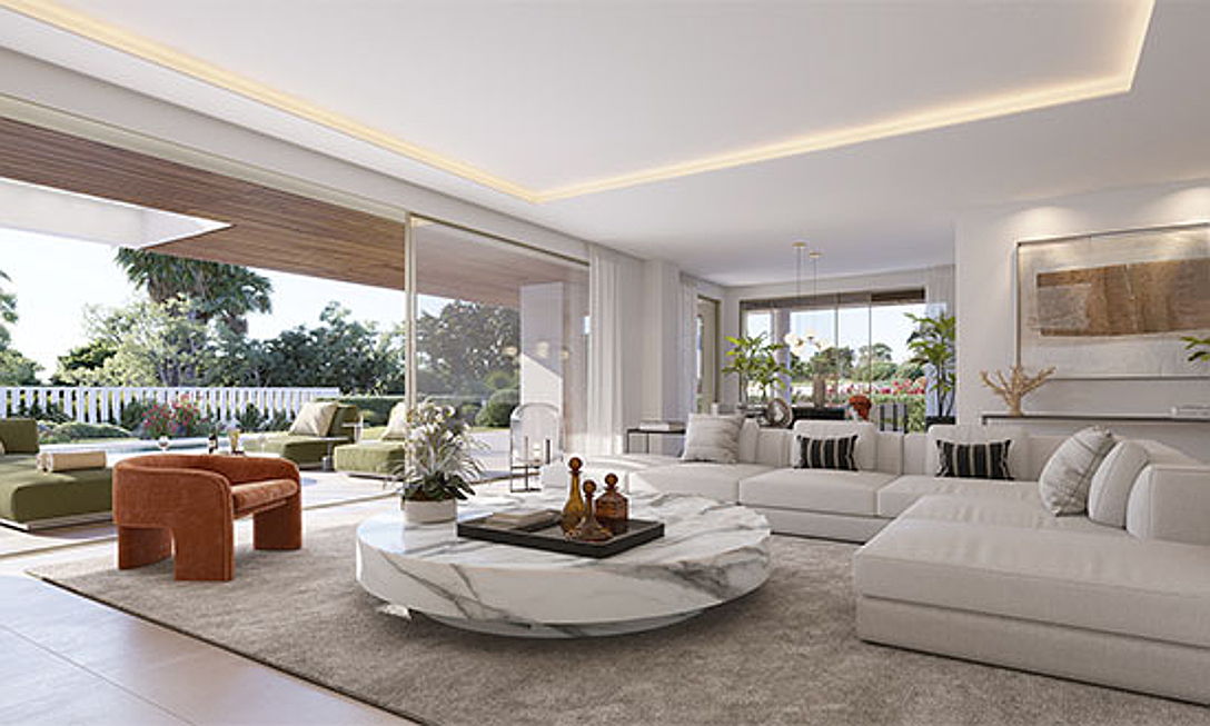  Marbella
- Three different typologies of beautiful garden apartments are laid out around a large and luminous living and dining room, opening towards ample east and west-facing terraces. They all include a garden for private use, a private pool, and spacious semi basements with large French windows ranging from 47 to 56 m2 that can be adapted to different uses: games room, cinema or additional bedrooms. All apartments include 2 parking spaces.