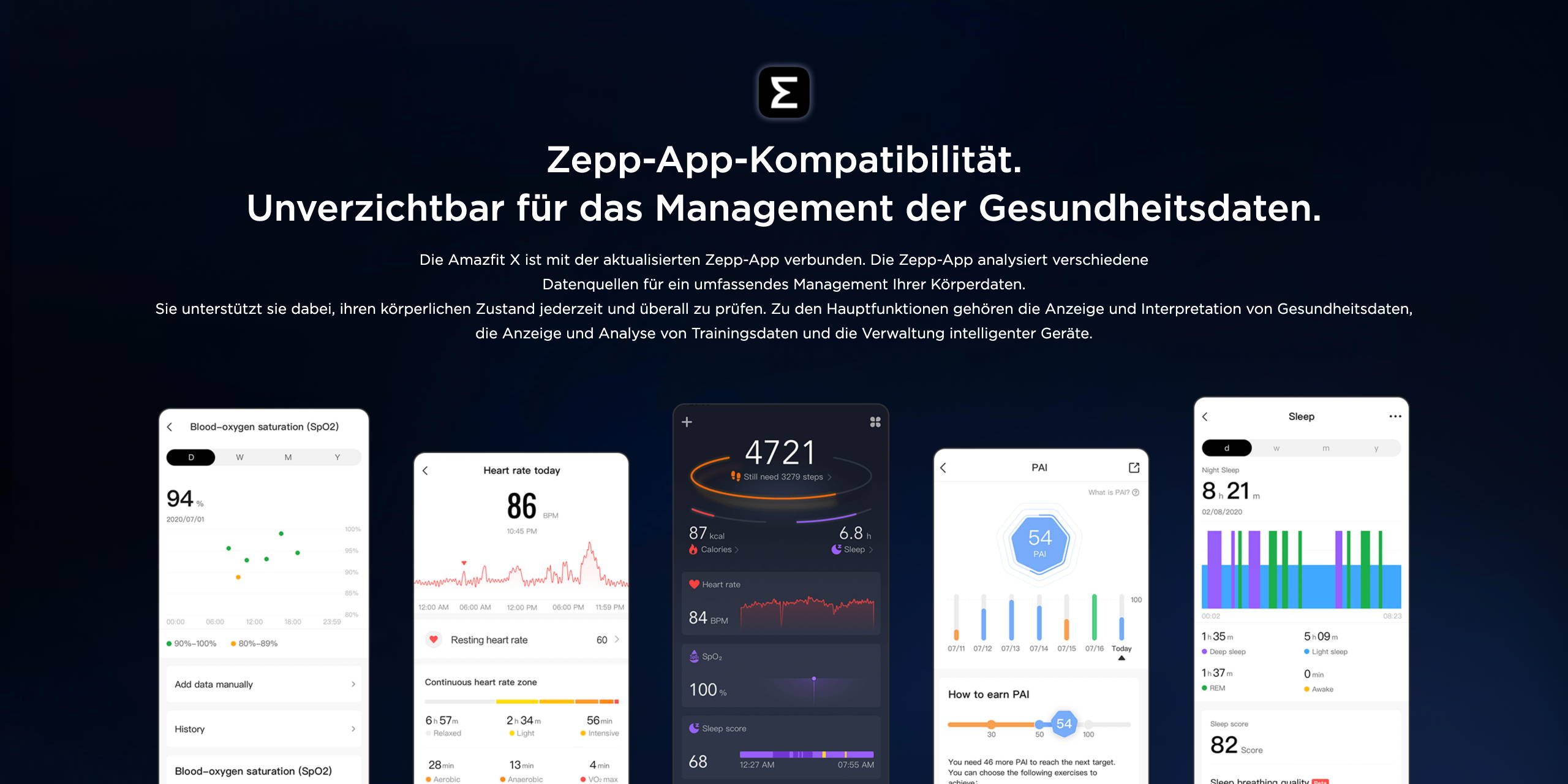 Amazfit X - Zepp-App-Kompatibilität. Unverzichtbar für das Management der Gesundheitsdaten.